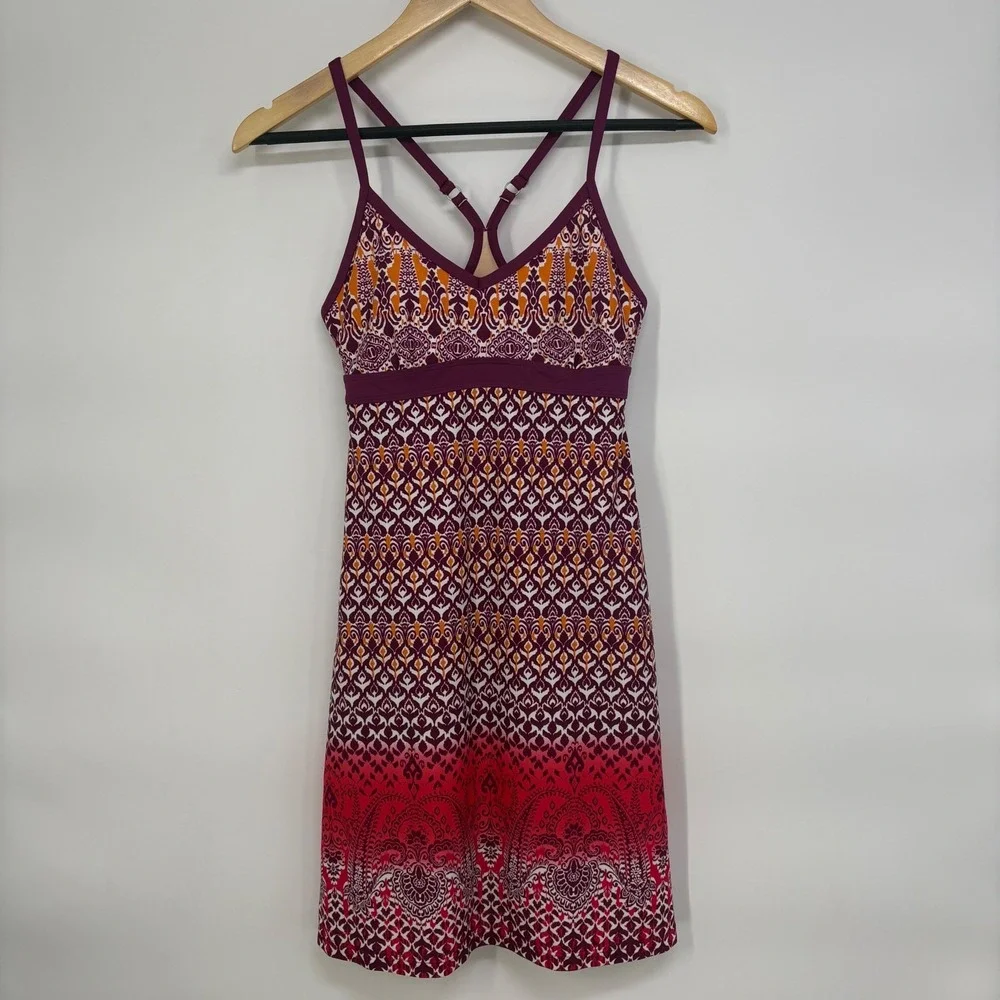Athleta Purple Red Ombre‎ Paisley Geometric Strappy Shelf Bra Swim Dress XXS